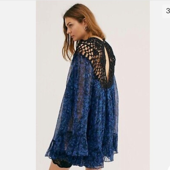Free People Faded Daisy Frock Dress Macrame Chiffon Cobalt. Size XS. - Picture 2 of 9